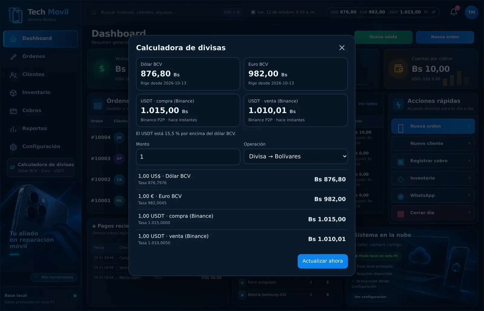 Calculadora de divisas de Tech Movil con dólar BCV, euro BCV y USDT de Binance convertidos a bolívares