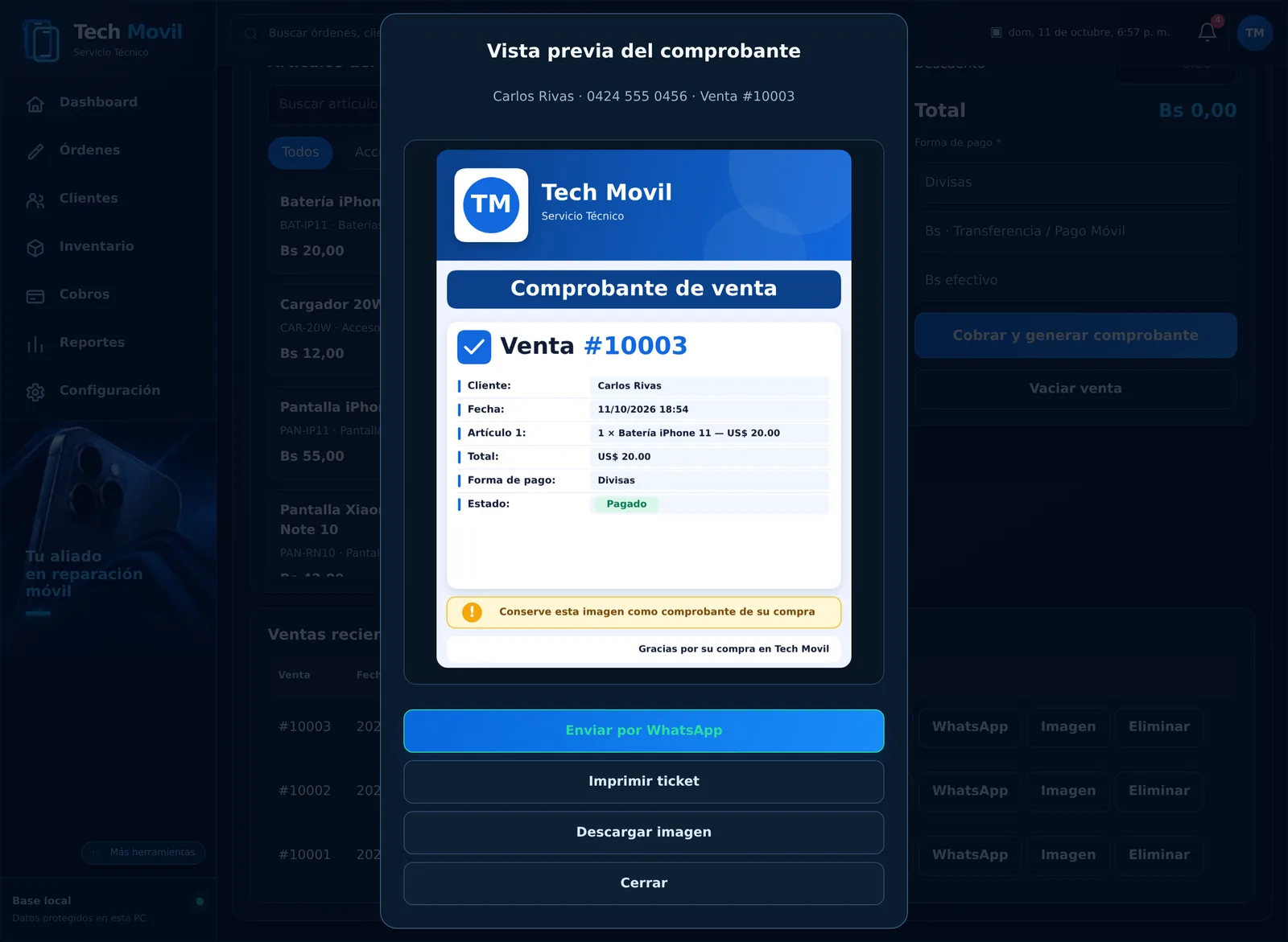 Vista previa del comprobante de venta con botones para enviar por WhatsApp, imprimir y descargar