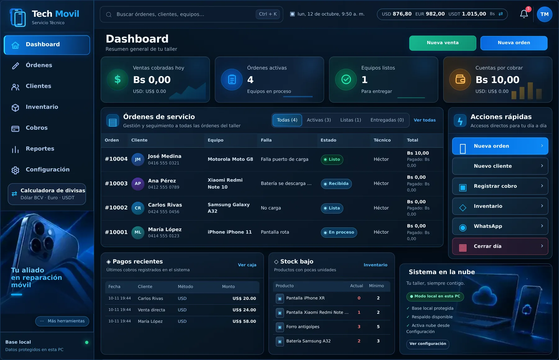 Panel de Tech Movil en la PC: ventas del día, órdenes de servicio, acciones rápidas, pagos recientes y stock bajo